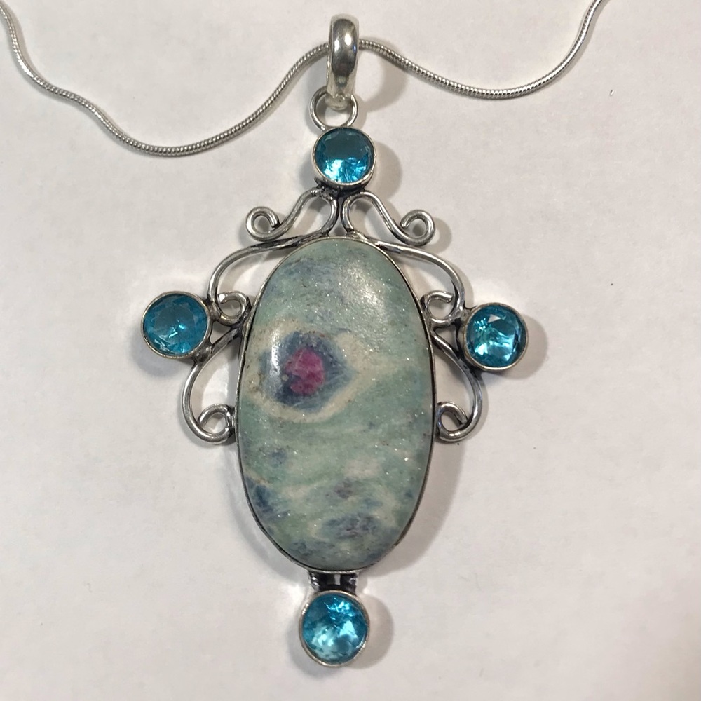 Ruby Fuchsite Blue Topaz Stamped 925 Sterling Silver Necklace